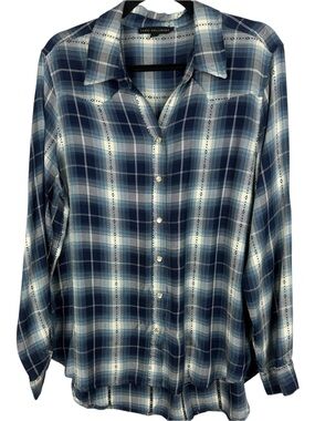 Jane and Delancey Blue Plaid Long Sleeve Snap Button-Up Large Tunic Blouse